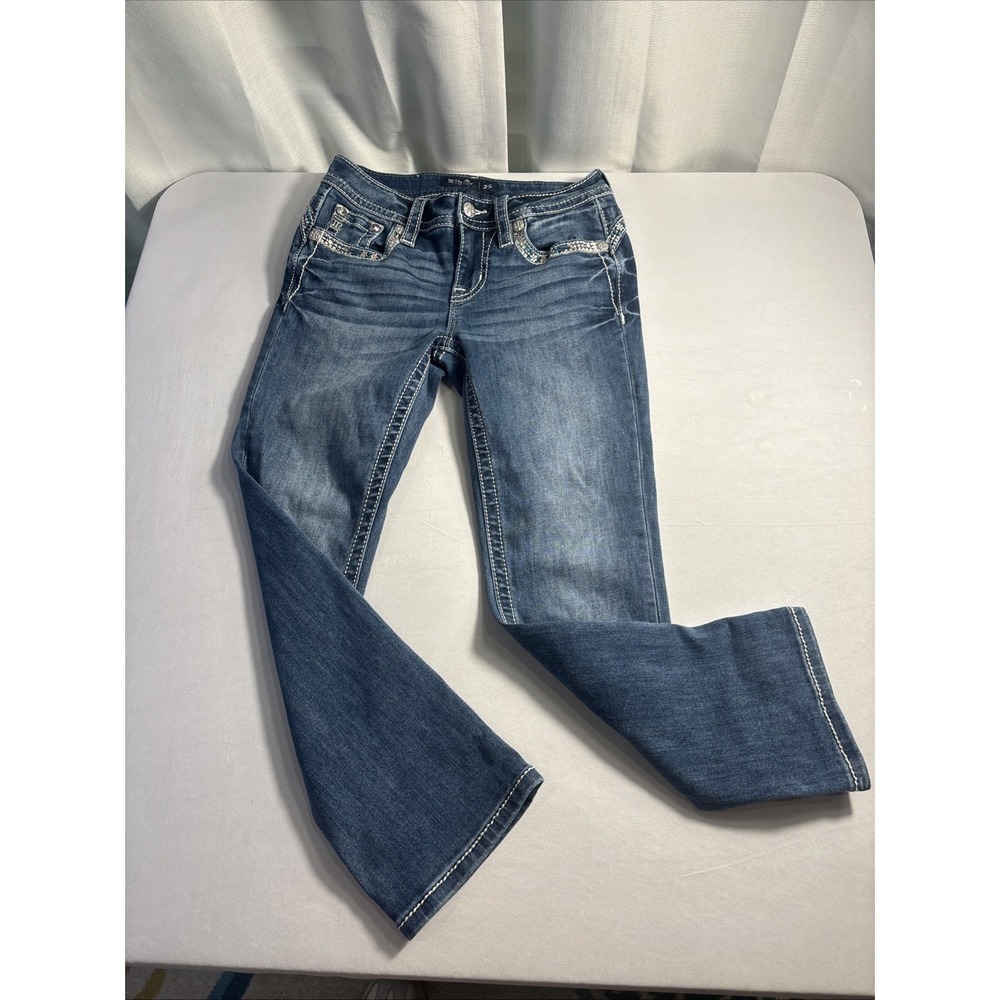 Miss Me Jeans Womens 25x24 Midrise Capri Studded Flowers Y2K Rhinestone Straight - Picture 5 of 9
